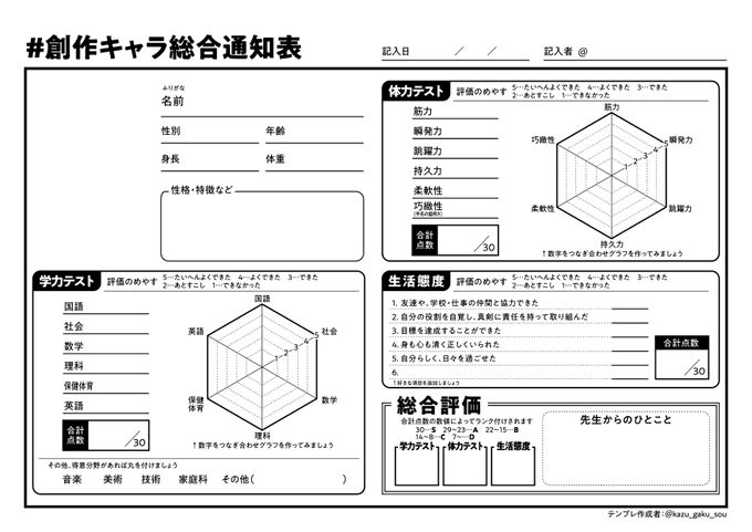 学力・体力テスト&amp;生活態度評価をゆる〜く書き込める通知表テンプレを作りました🌸
左上スペースはキャライラスト等どうぞ!項目変更もOKです。「先生からのひとこと」の欄では褒めてあげたりなんだりしてあげてください💯
転載や再配布❌ 使用報告は不要です⭕️
#創作キャラ総合通知表 