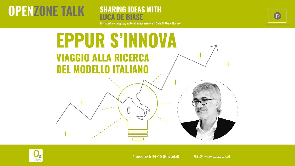 OpenZone (@openzonecampus) on Twitter photo "Eppur s'innova". Esiste un modello italiano di innovazione? In occasione dell'uscita del suo nuovo libro, torna a trovarci <a href="/lucadebiase/">Luca De Biase</a>, giornalista e saggista, editor de <a href="/sole24ore/">IlSole24ORE</a> e <a href="/Nova24Tec/">Nova24</a>, per un #OpenZoneTalk su innovazione, ricerca e sviluppo.
👉openzone.it/it/act/eventi/… "Eppur s'innova". Esiste un modello italiano di innovazione? In occasione dell'uscita del suo nuovo libro, torna a trovarci <a href="/lucadebiase/">Luca De Biase</a>, giornalista e saggista, editor de <a href="/sole24ore/">IlSole24ORE</a> e <a href="/Nova24Tec/">Nova24</a>, per un #OpenZoneTalk su innovazione, ricerca e sviluppo.
👉openzone.it/it/act/eventi/…