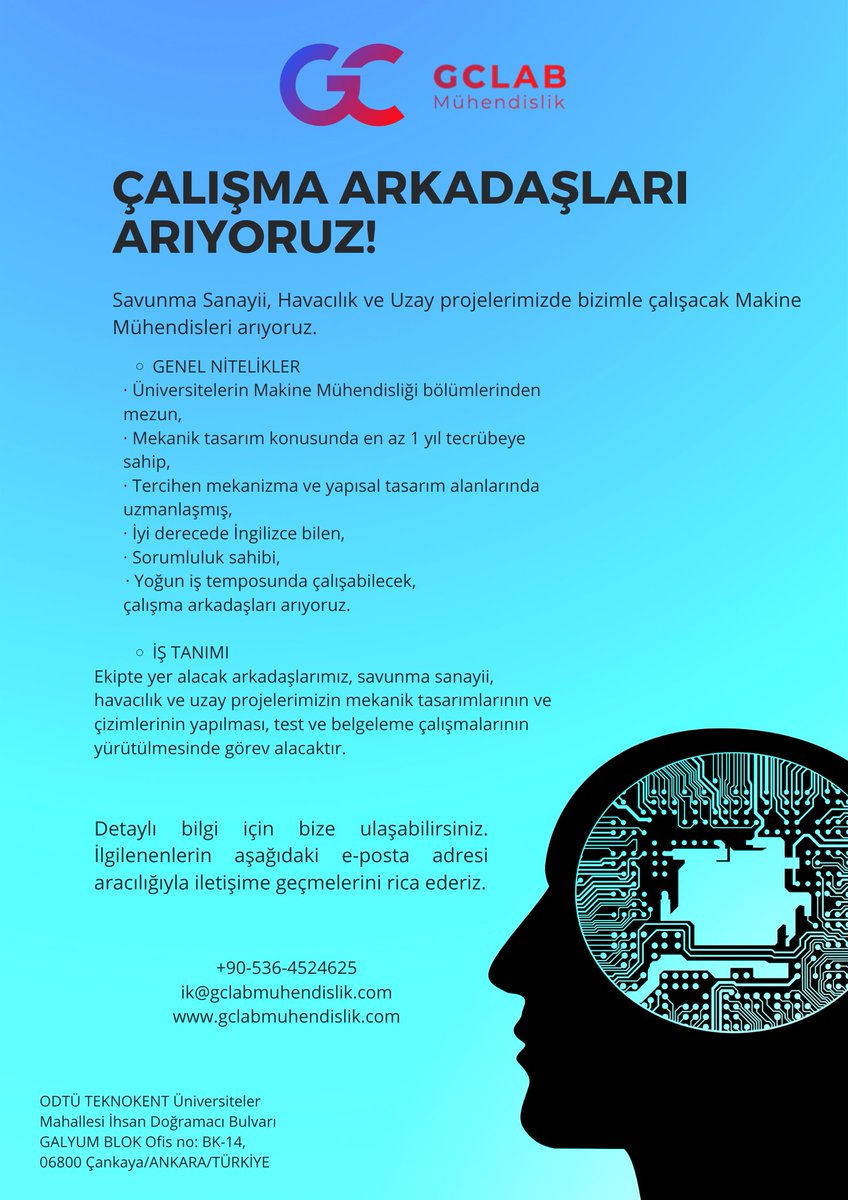 GCLAB2017's tweet photo. GCLAB Mühendislik, ODTÜ Teknokent'te Makine Mühendisi çalışma arkadaşları arıyor!
#odtüteknokent #odtü #teknokent #ankara https://t.co/nGAZWHJGKV