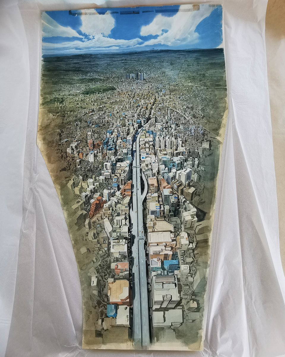 reallyriekeles's tweet photo. Unwrapping the production background for the famous opening sequence of #AKIRA. Artist: #ToshiharuMizutani (#水谷利春). This piece will be on display at the upcoming exhibition “AKIRA - The Architecture of Neo Tokyo”. More: https://t.co/eGWH94vFTj https://t.co/z7PrEaffv2