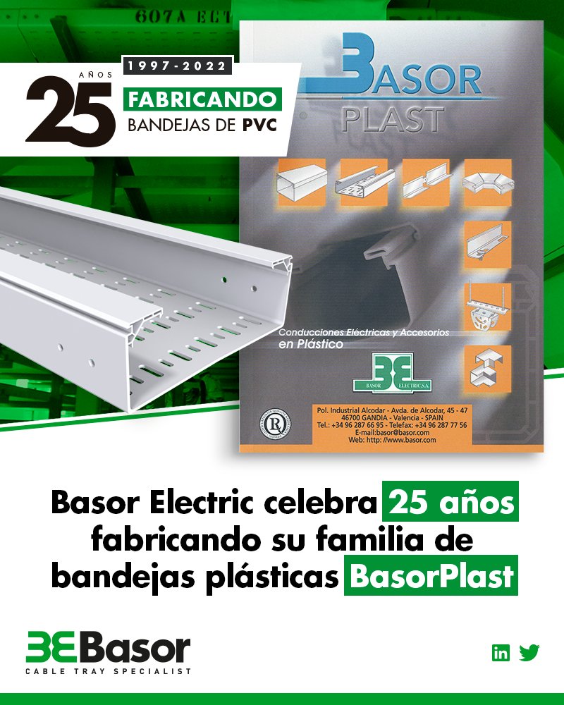 BasorElectric's tweet photo. 🎉 Basor Electric SA celebra 25 años fabricando su familia de bandejas plásticas 𝗕𝗮𝘀𝗼𝗿𝗣𝗹𝗮𝘀𝘁 -> https://t.co/oNJnro6akk

#Basor #CableTraySpecialist #25Años #Bandeja #PVC #BasorPlast #Aniversario #23Mayo1997 #Gandia #España #Producción https://t.co/LUvgzdW55L
