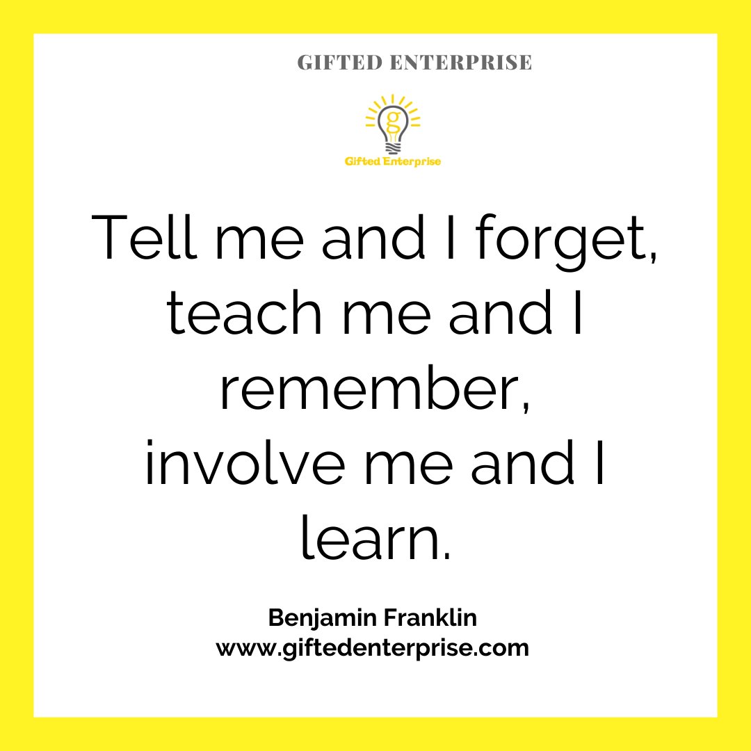 giftenterprise's tweet photo. "Tell me and I forget,
teach me and I remember,
involve me and I learn."
~Benjamin Franklin~
https://t.co/d7YaC7Xv3n 
#teachertwitter #education #quoteoftheday #quotes #GiftedEnterprise #quotesdaily https://t.co/VLa4vb8QDq
