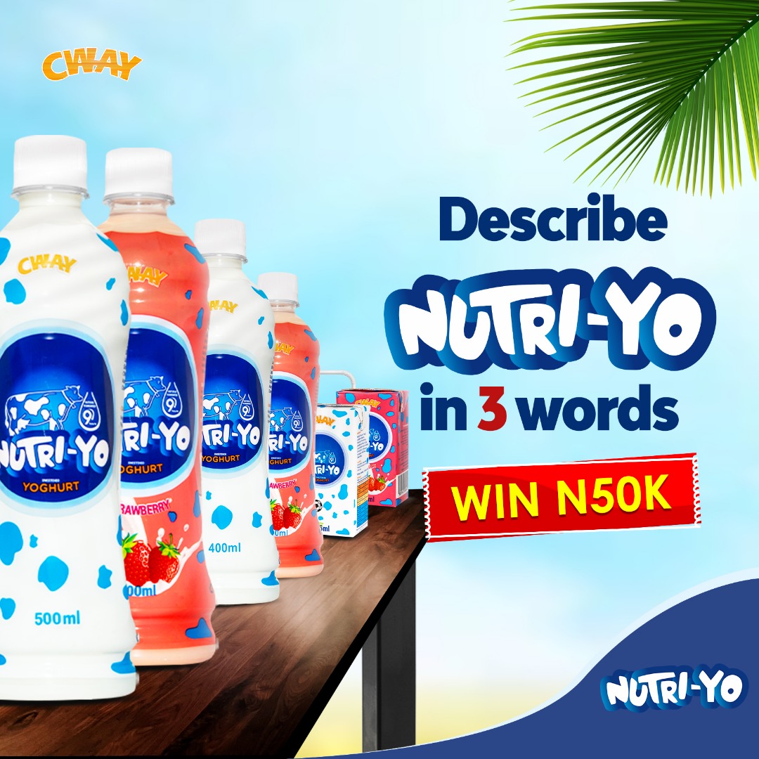 CwayNutriYo's tweet photo. Describe Nutri-yo in 3 words and win N5,000. 10 people will be randomly selected across all our social media platforms 

Rules
1️⃣ You must be following 
2️⃣ Like, share and tag 3 friends to participate

Terms and conditions apply

Entry closes on May 25th

Good luck! https://t.co/MBCntj9Bit