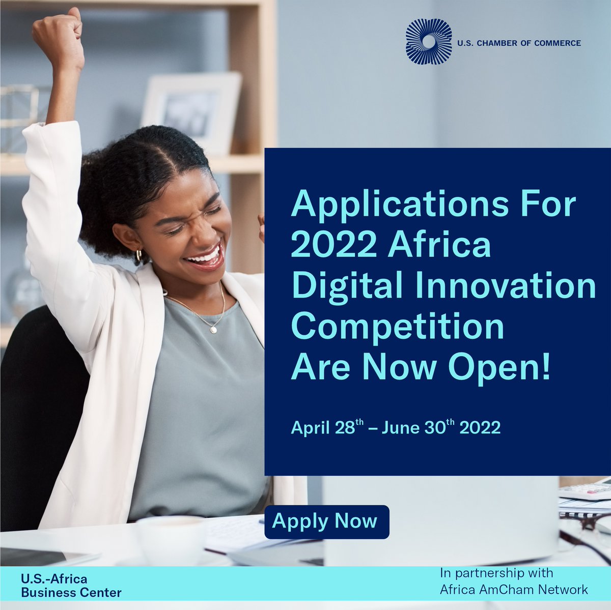 The annual Digital Entrepreneurship Competition for African Startups by <a href="/USChamberAfrica/">U.S.-Africa Business Center</a> is Back. 
   
Expect 5 Regional Winners, with the Digital Innovator of the Year receiving a $25,000 cash prize. 
Apply here 👉🏾👉🏾 uschamber.com/awards-competi…  

#AmChamUG