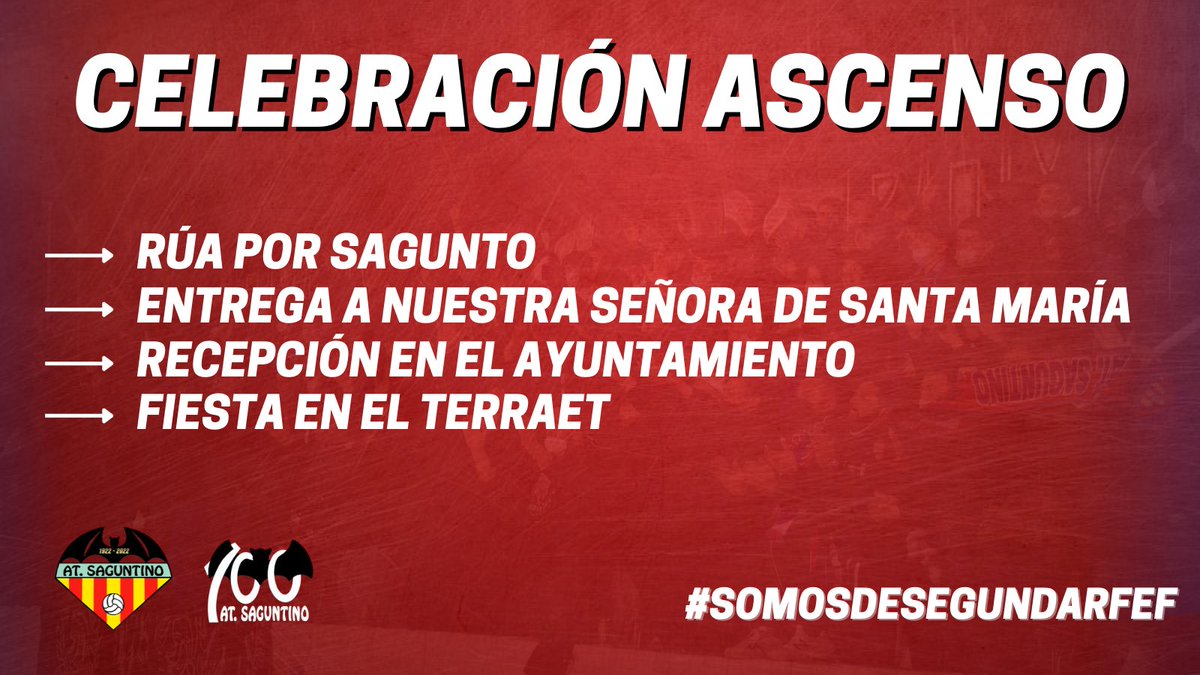 🎉 CELEBRACIÓN ASCENSO

⏰🚌 Salida de la rúa desde el Nou Camp de Morvedre

🏞️ Avinguda Sants de la Pedra ➡️ Camí Real

➡️ Ofrenda a la virgen

➡️ Llegada 19:00/19:15 Ayuntamiento

🤪 FIESTA en El Terraet

¿Quién se viene a seguir celebrando el ascenso a #SegundaRFEF? 😜