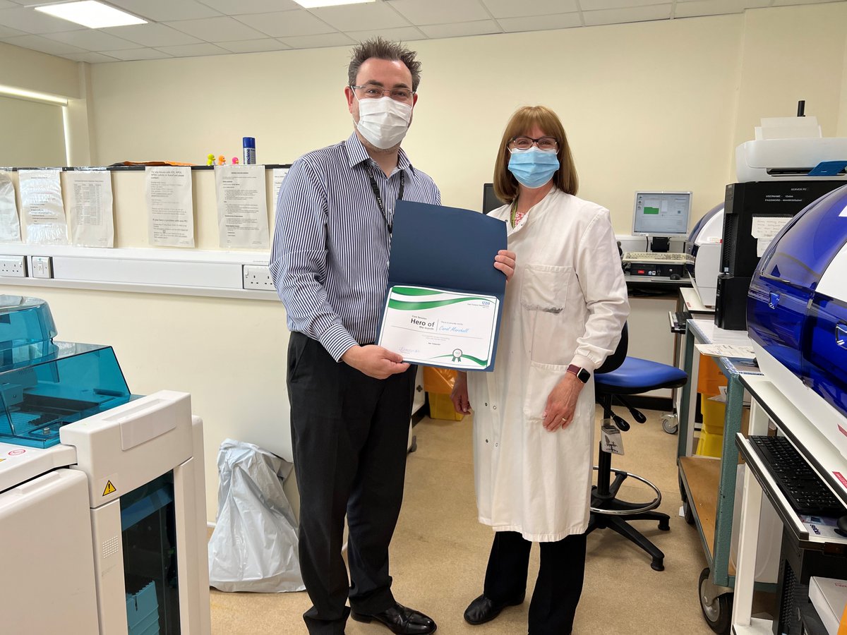 Carol from our Clinical Chemistry team recently received a Hero of the Month award from <a href="/joelnoom/">Joel Newman</a>. Carol is exceptionally organised and constantly goes above and beyond for her team. Without her, the lab would not be the same. #NHSHeros #pathology