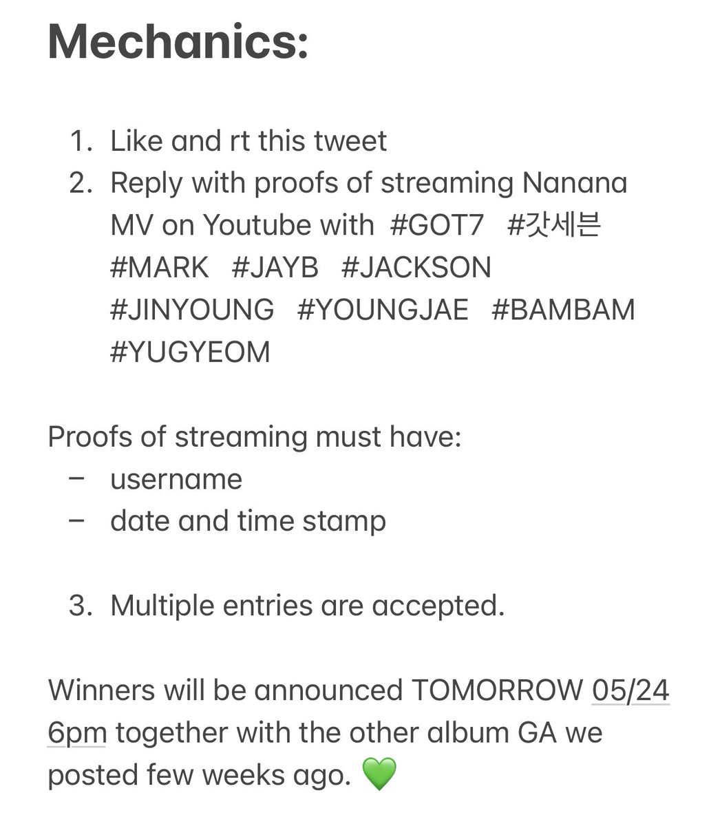 We’ll have another giveaway for GOT7’s comeback 🥳💚 (🇵🇭PH ONLY) #KPupperPHGA

Prize:
1 winner- SEALED GOT7 EP ALBUM
3 winners- Php100 Gcash

To join, kindly check the mechanics below:

 #GOT7   #갓세븐   #MARK   #JAYB   #JACKSON   #JINYOUNG   #YOUNGJAE   #BAMBAM   #YUGYEOM