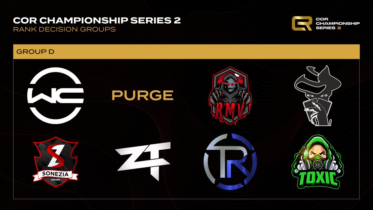 GROUP D

<a href="/WCtheteam/">Winners Circle</a> 
Purge
<a href="/rmv_pubg/">Results May Vary</a> 
PokerFace
Sonezia Esport
<a href="/zT_PUBGConsole/">zT - Zero Tolerance</a> 
@TeamRogue123 
TOXIC Esports