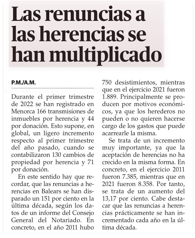 Los padres trabajando y pagando toda la vida para que después los hijos no puedan hacer frente al “Impuesto de sucesiones y donaciones”. Un impuesto INJUSTO que debe ser eliminando en Baleares, igual que han hecho otras comunidades. #menorca