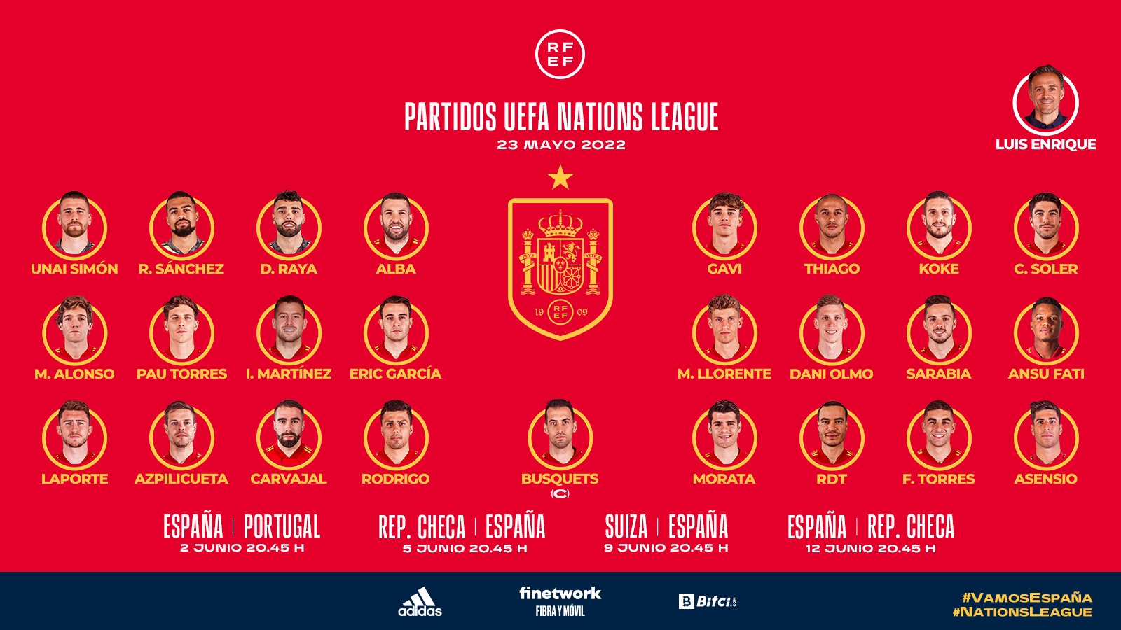 Selección Española de Fútbol on Twitter: "🤩 ¡Una nueva #NationsLeague! 🤩 ¡Un nuevo (e ilusionante) reto por delante! 👥 Estos son los 25 jugadores citados @LUISENRIQUE21 para disputar los 4 duelos