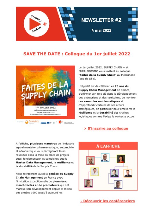 Découvrez ici la newsletter #2 de Supply Chain+ qui résume les travaux des 3 derniers mois.
Nous vous annonçons aussi l'organisation de notre 1er colloque "FAITES DE LA SUPPLY CHAIN" qui aura lieu le 1er juillet dans les Hauts-de-France.
Bonne lecture : linkedin.com/feed/update/ur…