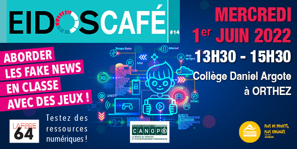 Réservez votre agenda le 1er juin pour le prochain Eidos Café à Orthez ! eidos64.fr/2022/05/17/eid… 
Découvrez des outils et des ressources ludiques pour lutter contre les fake news !
Un atelier proposé par le <a href="/departement64/">Pyrénées-Atlantiques</a> organisé par
<a href="/lafibre64/">Syndicat Mixte La Fibre64</a> et @canope_64