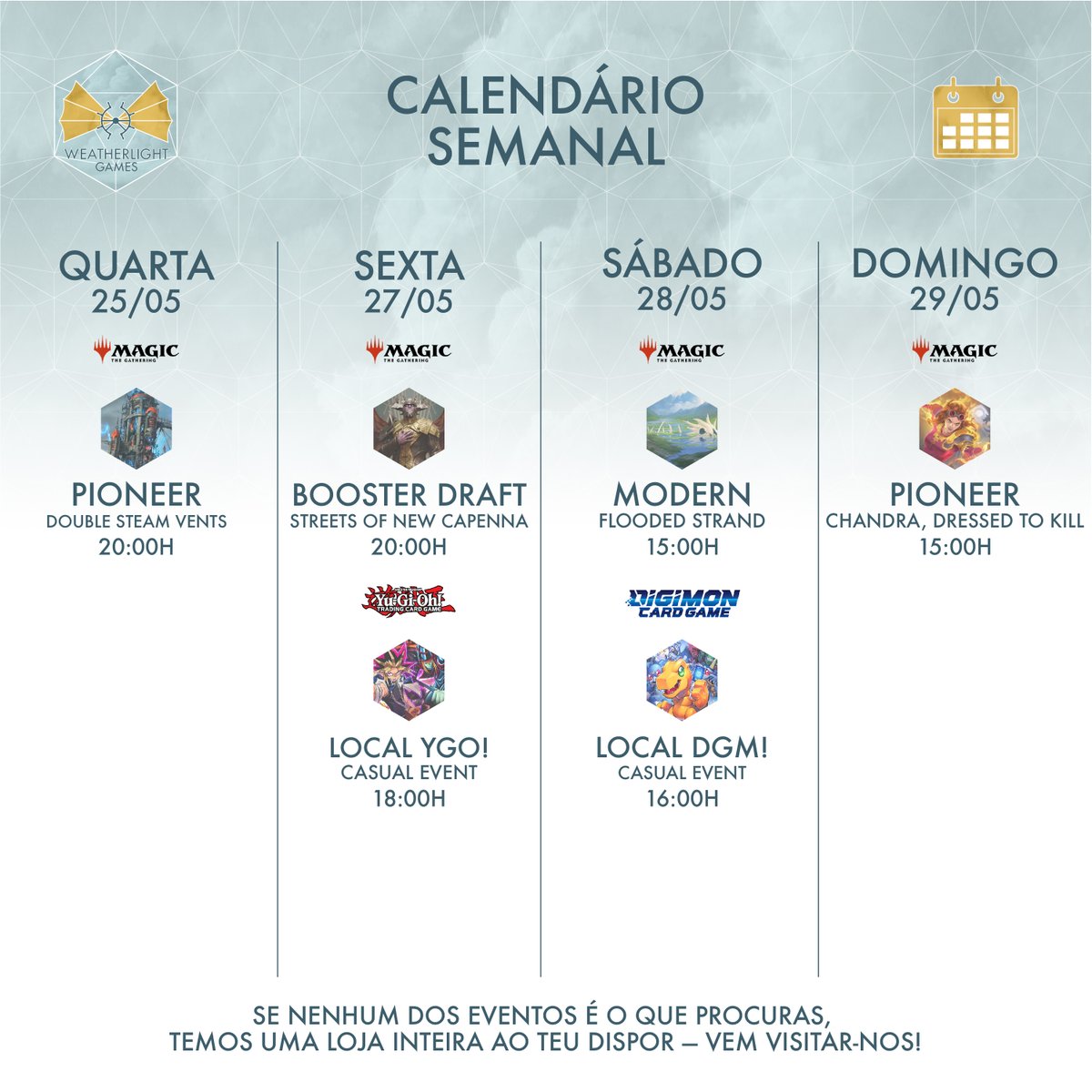 weatherlightgam's tweet photo. Eventos semanais na tua Local Game Store em Évora!
✨
#weatherlightgames #bonsventos #mtg #magic #mtgmodern #mtgpioneer #mtgcapenna #fnm #yugioh #digimontcg #digimon #cartas #lgs #flgs #wpn #evora #portugal #tcg #torneios #tabletopgames #supportyourlgs #friendlylocalgamestore https://t.co/bUCkyzaDYp