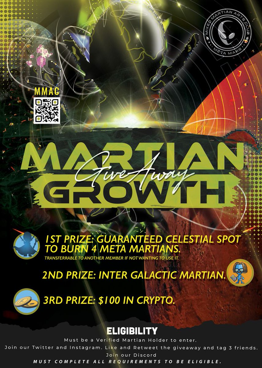 MMARTSCLUB's tweet image. 🥳EPIC Giveaway!!! Lets get it Martians🥳                   

To be eligible:

1⃣ You must be a Verified Martian Holder
2⃣ Follow our Twitter and Instagram
3⃣ Retweet this post, and Tag 3 friends
4⃣ Join our discord and enter the GIVEAWAY
 linktr.ee/MetaMars

Ends June 02nd