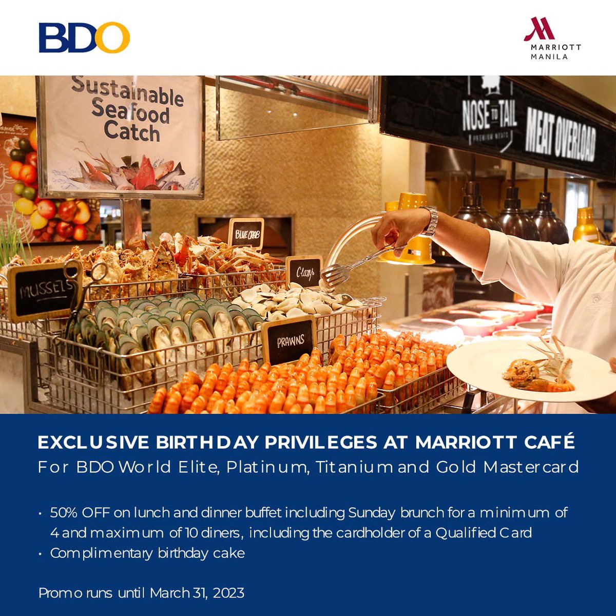 Are you a BDO World Elite, Platinum, Titanium or Gold Mastercard holder? If yes, then celebrate your birthday at Marriott Café and enjoy 50% off on lunch and dinner buffet including Sunday! 

Click here to know more: bdo.com.ph/personal/credi…