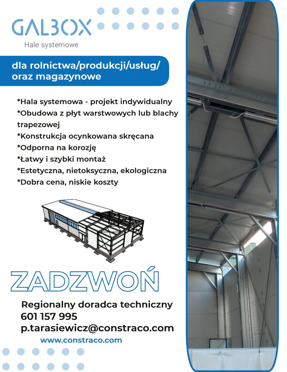 constraco's tweet photo. GALBOX to rozwiązanie dla rolnictwa/produkcji/usług/magazynów. Małe i średnie SYSTEMOWE KONSTRUKCJE STALOWE #GALBOX. Region południowo-zachodni obsługuje #Paweł #Tarasiewicz, tel. 601157995 O GALBOXach więcej tu https://t.co/gQMKxRTIfZ https://t.co/9rZxDVmuRF