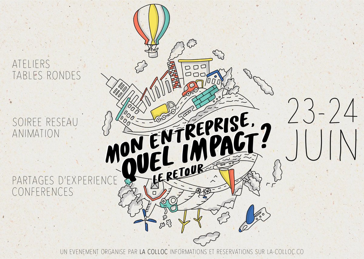 Mon entreprise quel impact, c'est ...
2 JOURS -  
20 ATELIERS - 
3 CONFÉRENCES - 
1 PROJECTION - 
2 LIEUX - 
PLUS DE 16 INTERVENANTS

Vous n'avez pas encore pris votre place ? Les inscriptions c'est par ici : la-colloc.co/mon-entreprise… ! 🤩