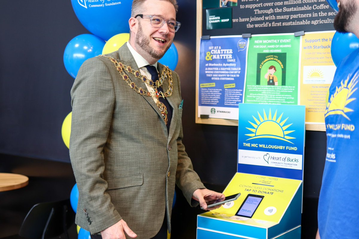 NicFund's tweet photo. The NWF in partnership with Heart of Bucks are now the supported charity at Starbucks (Aylesbury) and we were delighted to unveil our first contactless donation box on Saturday. Thanks to Starbucks and the Mayor Tim Dixon for supporting the NWF. https://t.co/nlW4iQQ91z