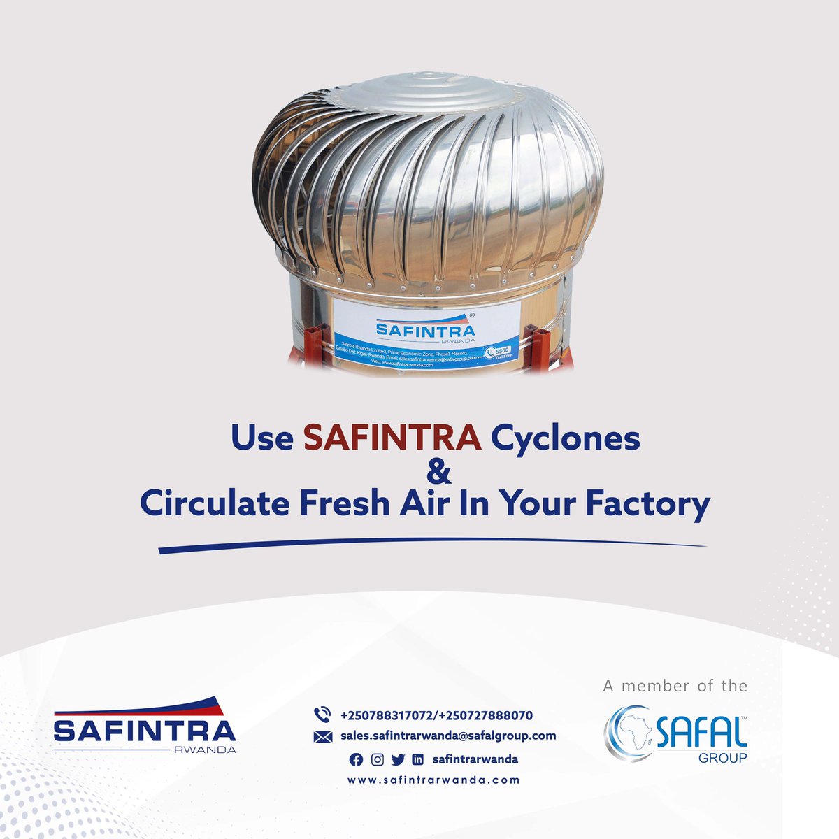 Increase productivity of the workers by removing hot and polluted air from the factory by using Safintra’s steel cyclones. 
#safintraroof #buildingsolution #safintrarwanda #cyclones #constructionmaterial