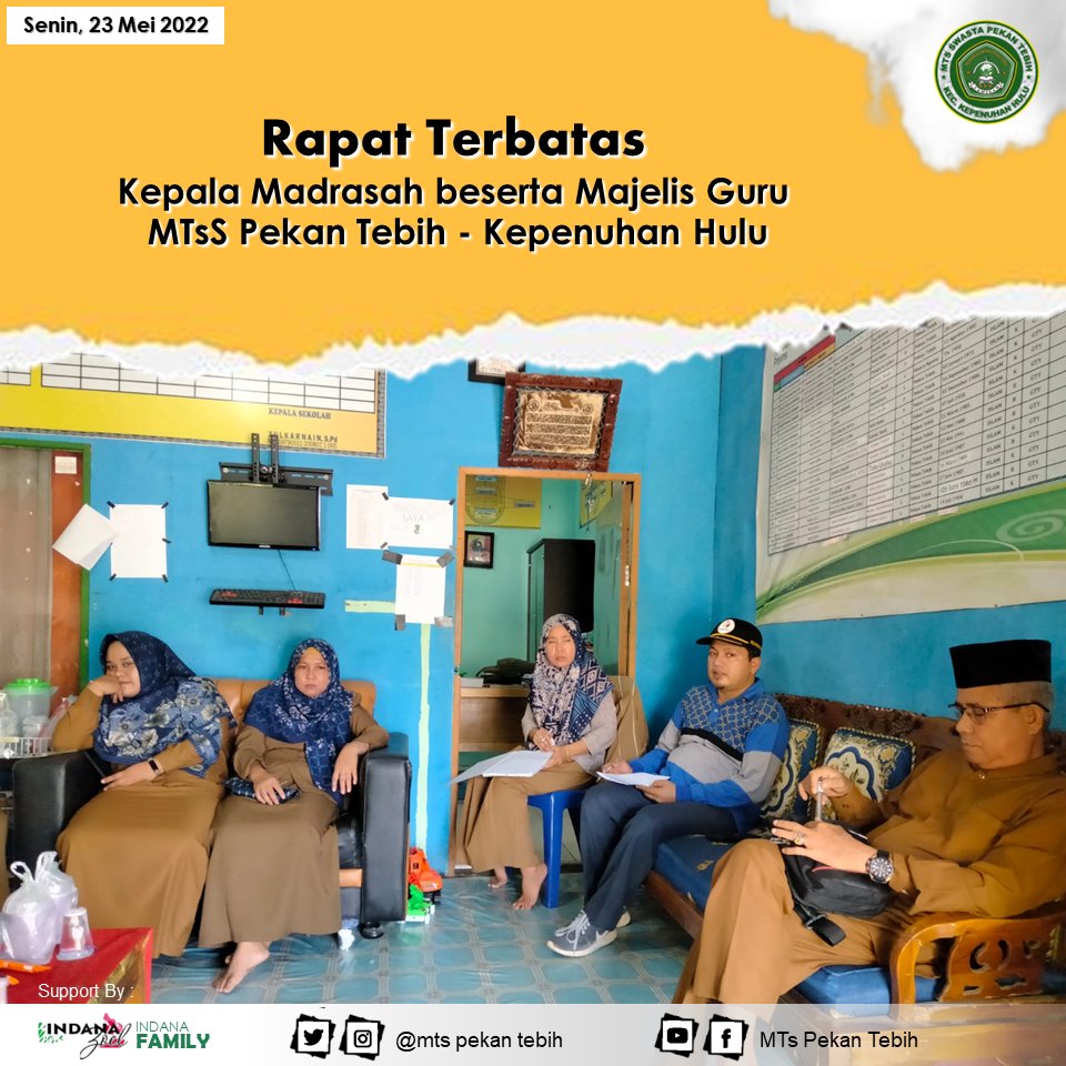 MtsPekan's tweet photo. Senin, 23 Mei 2022

Gallery MTs Pekan Tebih ||
Rapat Terbatas :
1. Evaluasi Pelaksanaan Ujian Madrasah (UM) Kelas 9
2. Pembentukan Panitia Ujian Kenaikan Kelas semester Genap TP. 2021/2022 untuk Kelas 7 dan 8.
3. Persiapan Resepsi Perpisahan dan Wisuda Siswa Akhir Kelas 9. https://t.co/MoPv7Bc3ZM