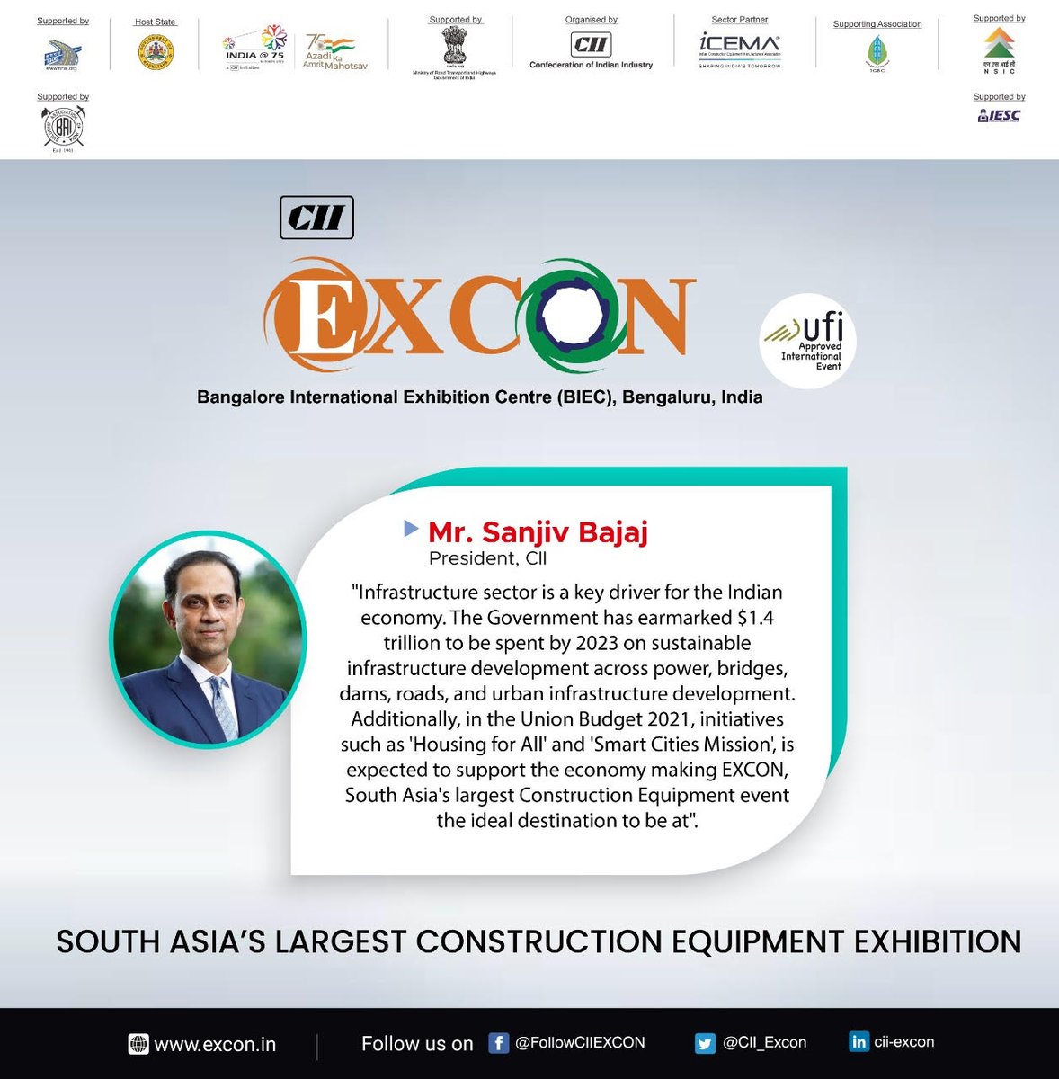 CII_Excon's tweet photo. Message from Mr.@sanjivrbajaj , President, CII.
@FollowCII @CII4SR @CIIEvents @IGBConline
#india #project #manufacturing #building #constructionindustry #constructionequipment #infrastructure #Excon2K21 https://t.co/d5BMKW5bMh