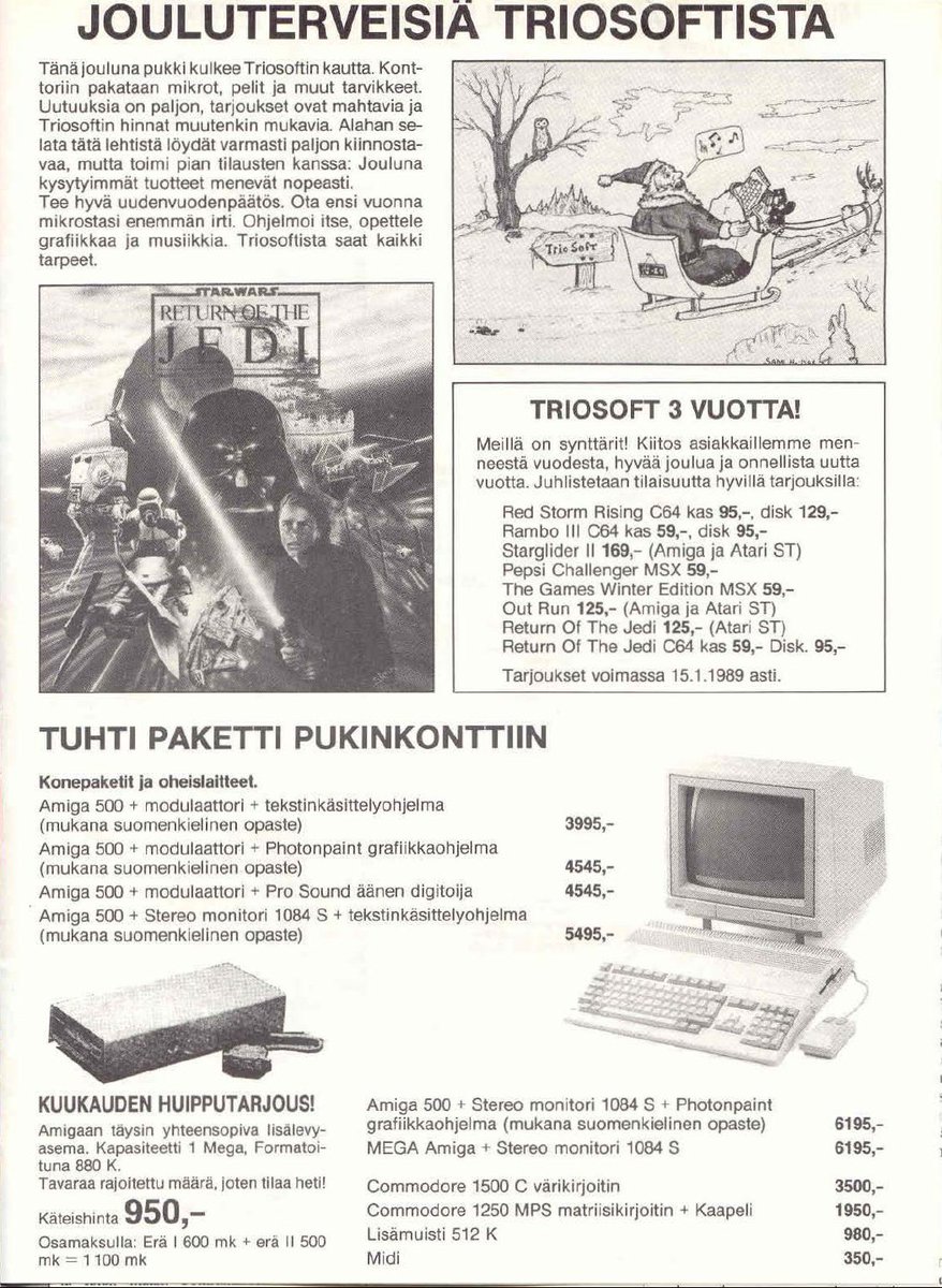 TakodanTweets's tweet image. 1988 four page advert by a Finnish store called #Triosoft selling games on #Commodore #C64 #Amiga #MSX #PC #AtariST