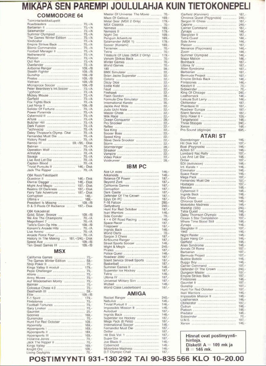 TakodanTweets's tweet image. 1988 four page advert by a Finnish store called #Triosoft selling games on #Commodore #C64 #Amiga #MSX #PC #AtariST