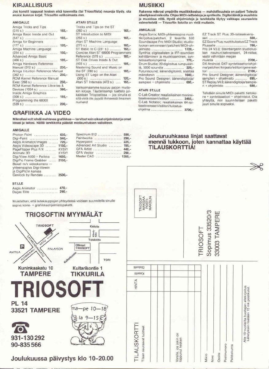 TakodanTweets's tweet image. 1988 four page advert by a Finnish store called #Triosoft selling games on #Commodore #C64 #Amiga #MSX #PC #AtariST