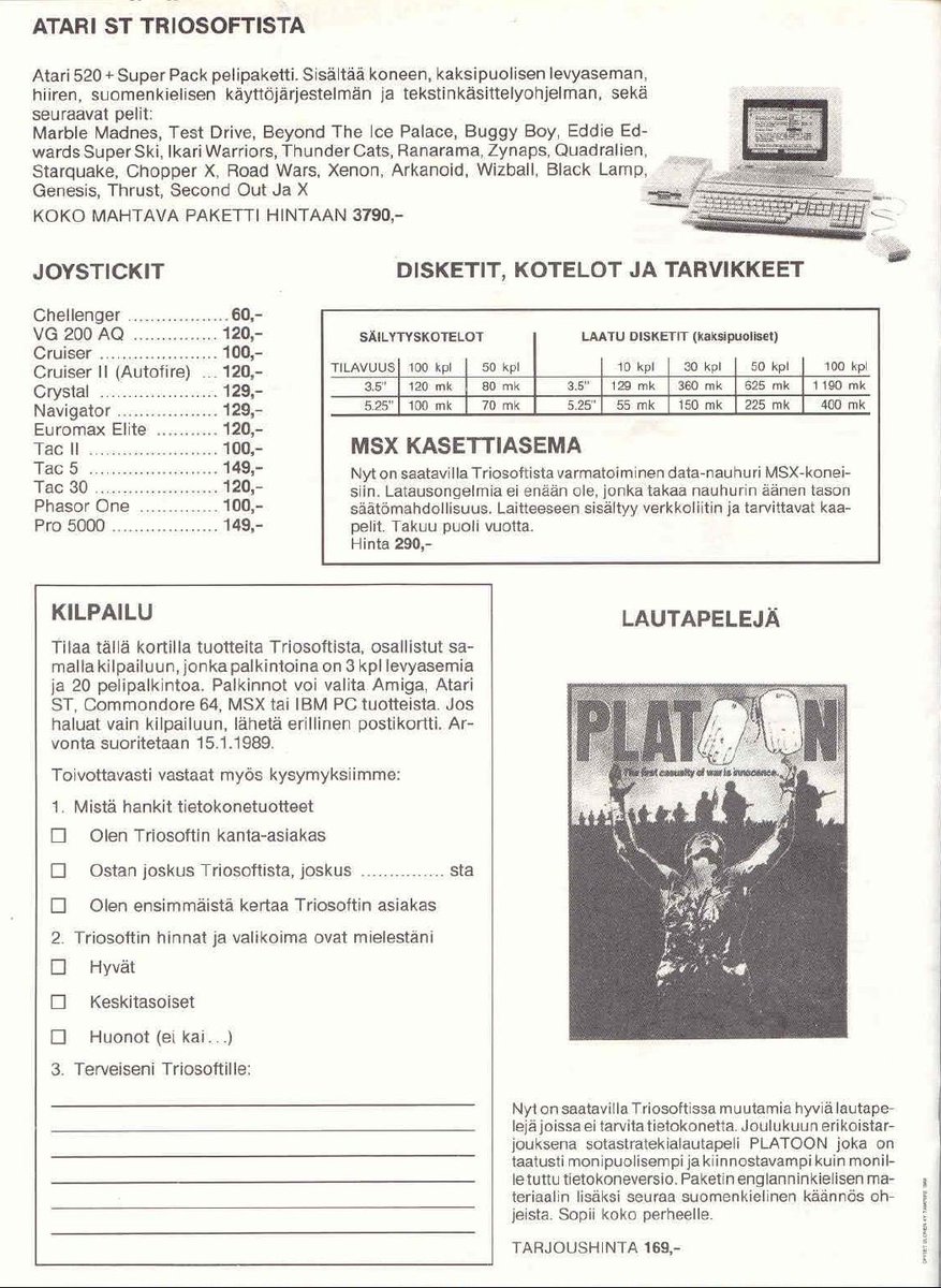 TakodanTweets's tweet image. 1988 four page advert by a Finnish store called #Triosoft selling games on #Commodore #C64 #Amiga #MSX #PC #AtariST