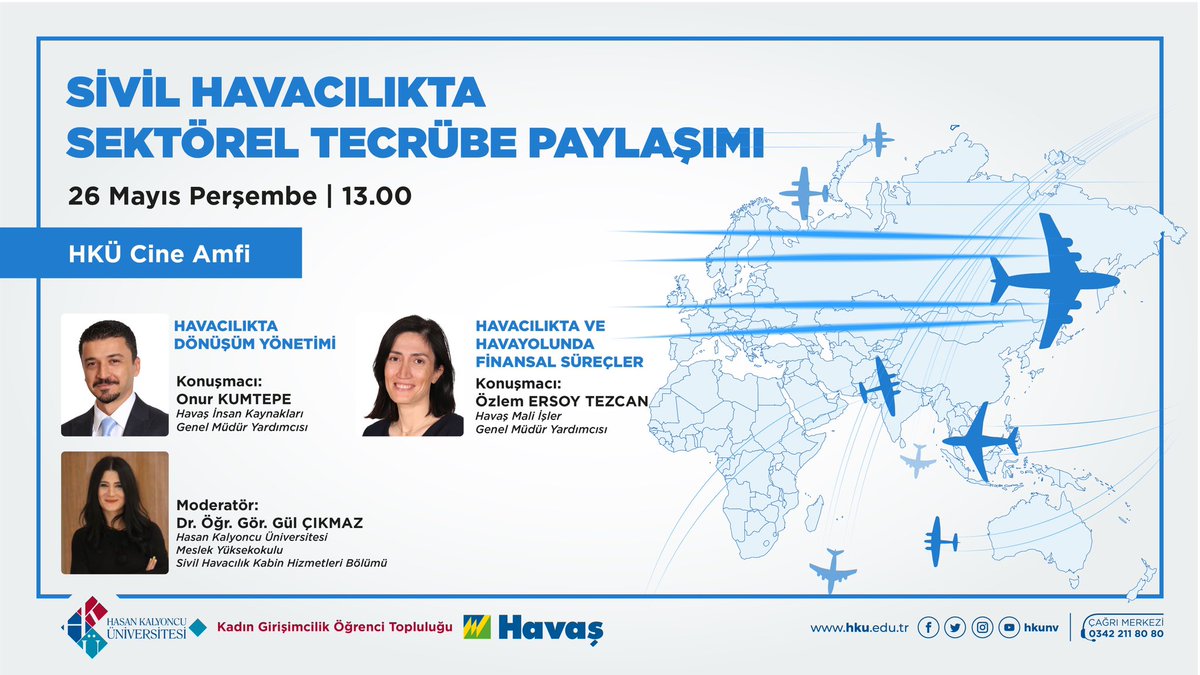 26 Mayıs Perşembe günü 13:00'de Havaş İnsan Kaynakları Genel Müdür Yardımcısı Onur Kumtepe ve  Mali İşler Genel Müdür Yardımcısı Özlem Ersoy Tezcan’ın Havacılık Sektörüne dair bilgi ve deneyimlerini paylaşacağı programa  herkesi bekleriz. <a href="/hkunv/">Hasan Kalyoncu Üniv</a> <a href="/turkaydereli/">Türkay Dereli</a> <a href="/HavasGH/">Havaş</a> <a href="/HkuKagit/">HKÜ KAGİT</a>