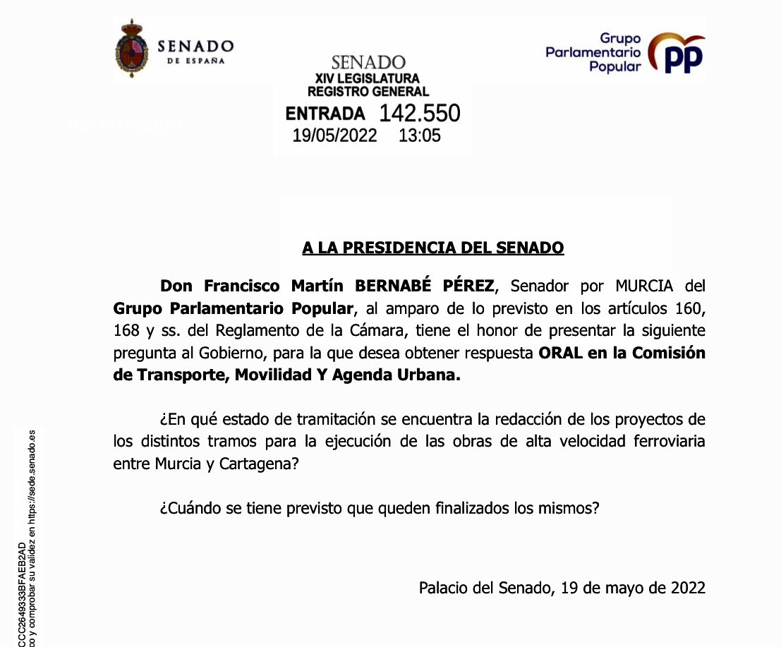 Para el PP de los Presidentes <a href="/NunezFeijoo/">Alberto Núñez Feijóo</a> y <a href="/LopezMirasF/">Fernando López Miras</a> la llegada del AVE a #Cartagena es una prioridad. Tras 4 de años de Sánchez todo está parado y no hay ni siquiera proyecto. Desde <a href="/PPSenado/">Grupo Parlamentario Popular en el Senado</a> vamos a pedirle explicaciones al gobierno socialista. Es inadmisible este castigo.