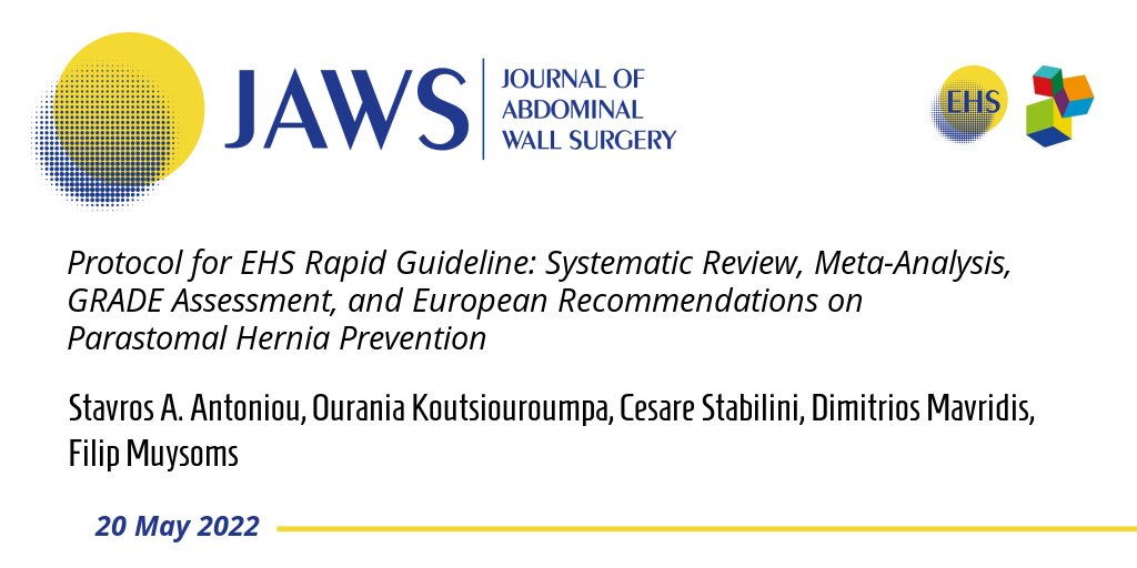 bit.ly/38Fxkty Protocol for EHS Rapid Guideline: Systematic Review, Meta-Analysis, GRADE Assessment, and European Recommendations on #ParastomalHernia Prevention.

#HerniaPrevention #HerniaSurgery #Some4Surgery #OpenAccess #JoAWS