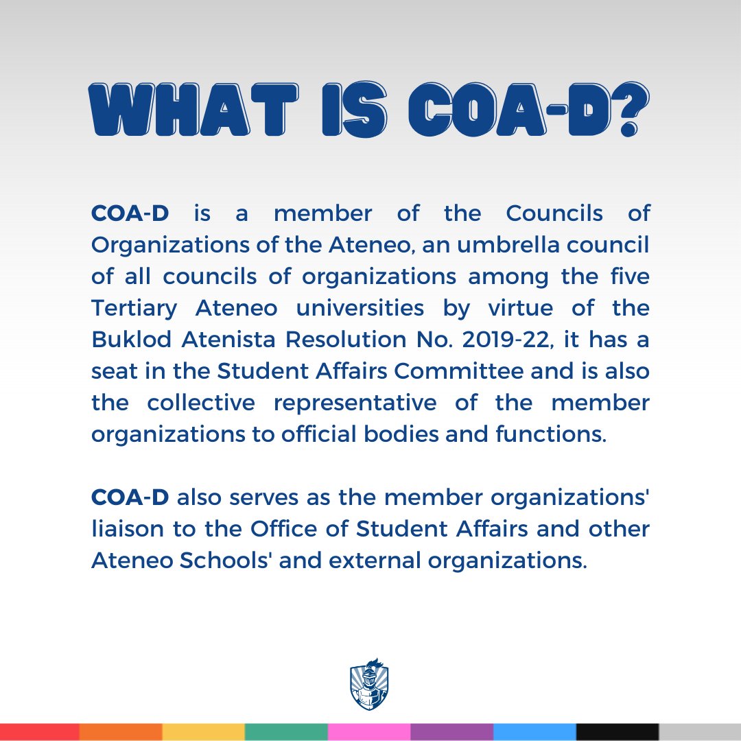 COA_Davao's tweet photo. What is COA-D?🎨｜Become acquainted with the university’s Council of Organizations of the Ateneo-Davao

As we voyage on a new COA-D, we also embark on choosing the people behind the wheel. Check out the timeline of activities in the upcoming COA-D Elections 2022 📆 https://t.co/Qx5cJvDn5G