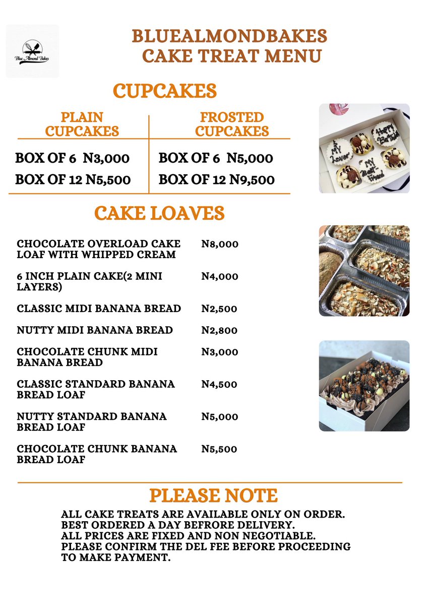 Bluealmondbakes's tweet photo. To make your order process easy please refer to the Menu below
For custom orders or treat boxes please click the link on our bio to order via WhatsApp or access our catalog. Thank you 😊 
#bluealmondbakes #enugu #enugutwittercommunity #enugubaker #Enugucakes #cakesinenugu https://t.co/wV7Ad89L2R