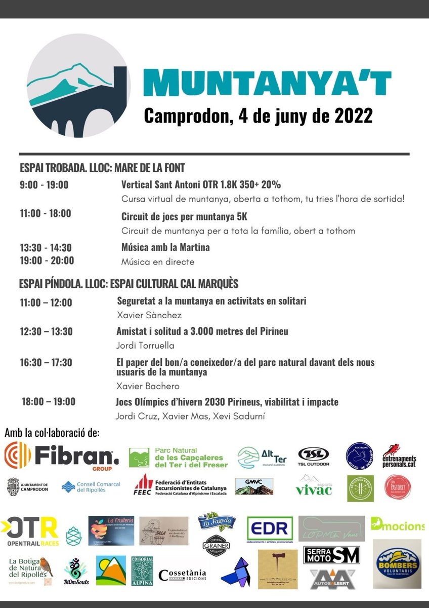 muntanyat's tweet photo. Programa #Muntanyat2022 ja disponible. T'esperem a Camprodon el 4 de juny.
L’accés a Muntanya’t és gratuït. #muntanyat #EspaiTrobada #EspaiPíndola #setmananatura
#natura #muntanya #senderisme #correrpermuntanya #educacioambiental #visitpireneus @ajcamprodon @CCRipolles https://t.co/I8FD67egpq