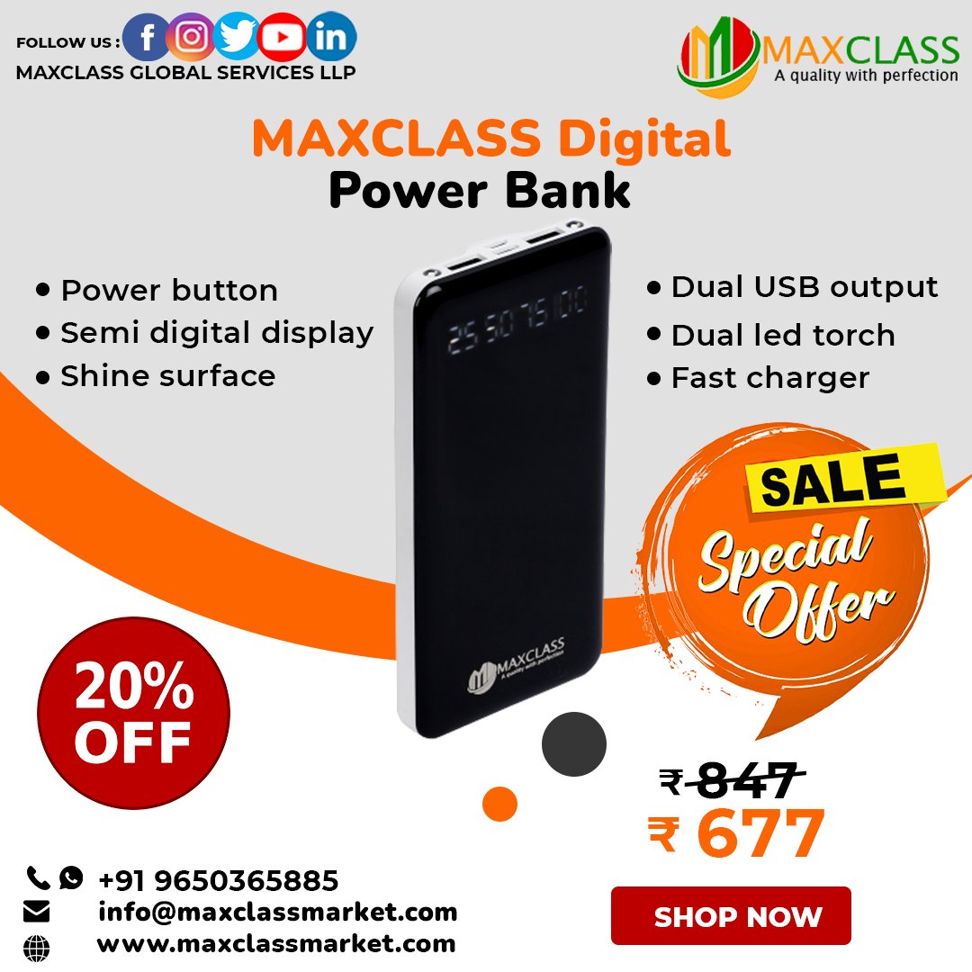 maxclasservices's tweet photo. MAXCLASS Digital Power Bank |10000 mAh| 18W Fast Charging| Input-Type C and Micro USB| Double Output | ( WHITE)
SHOP NOW : https://t.co/ceuflSyKi1
+91 9650365885
#powerbank #maxclass #Sellonline #maxclassmarket #vendoraccount #sellonmaxclassmarket #smoothservices
#MegaDeals https://t.co/oRRK6fq33l