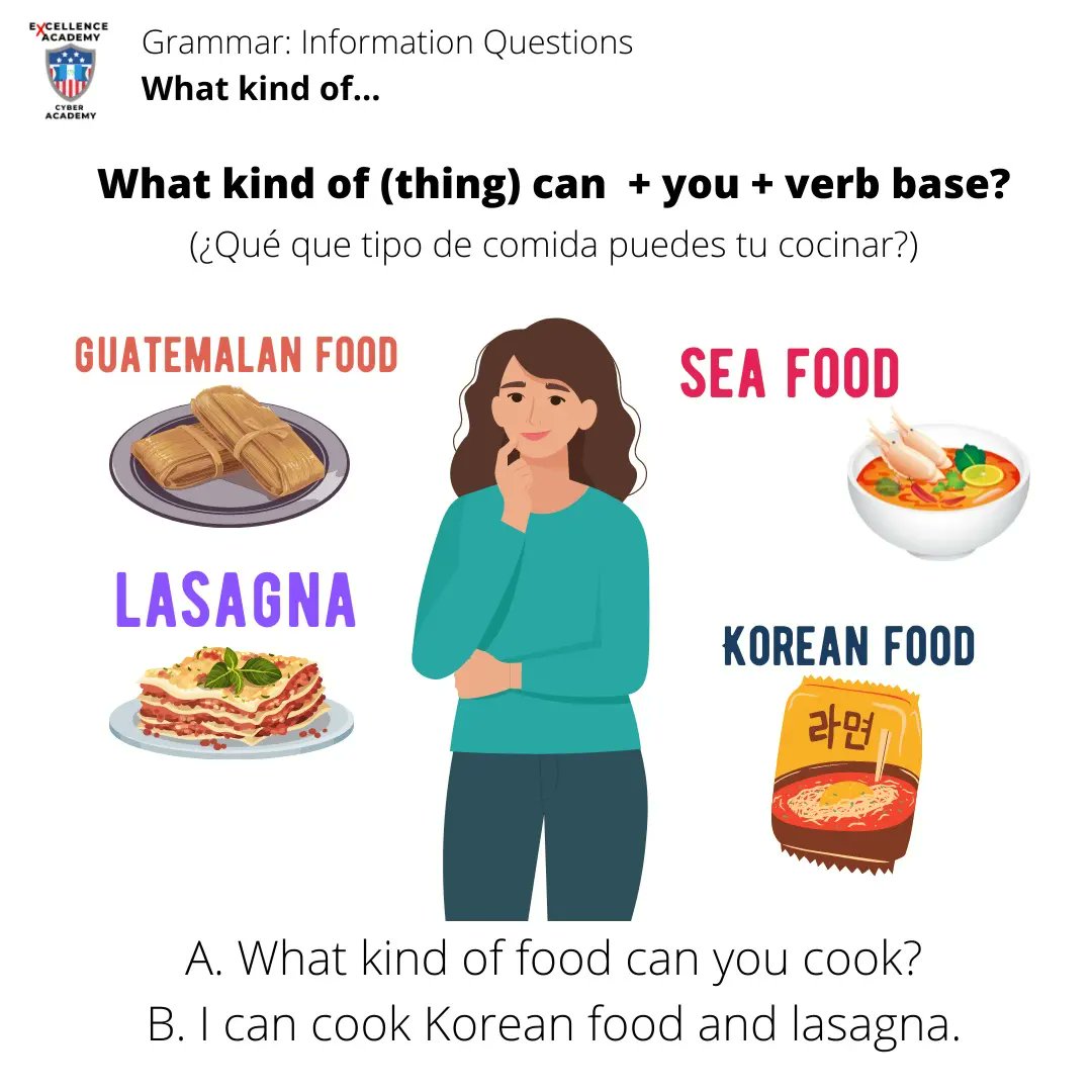 ExcellenceEng's tweet photo. 🔵Grammar: What kind of + thing
(¿Qué clase/tipo + cosa)
What kind of + thing is a question word. It is used for information questions.
What kind of (thing) can + you + verb base?
#informationquestions
#whatkindof
#questionwords
#Grammartip
#education
#LearnGrammar https://t.co/bRukzIMbJR