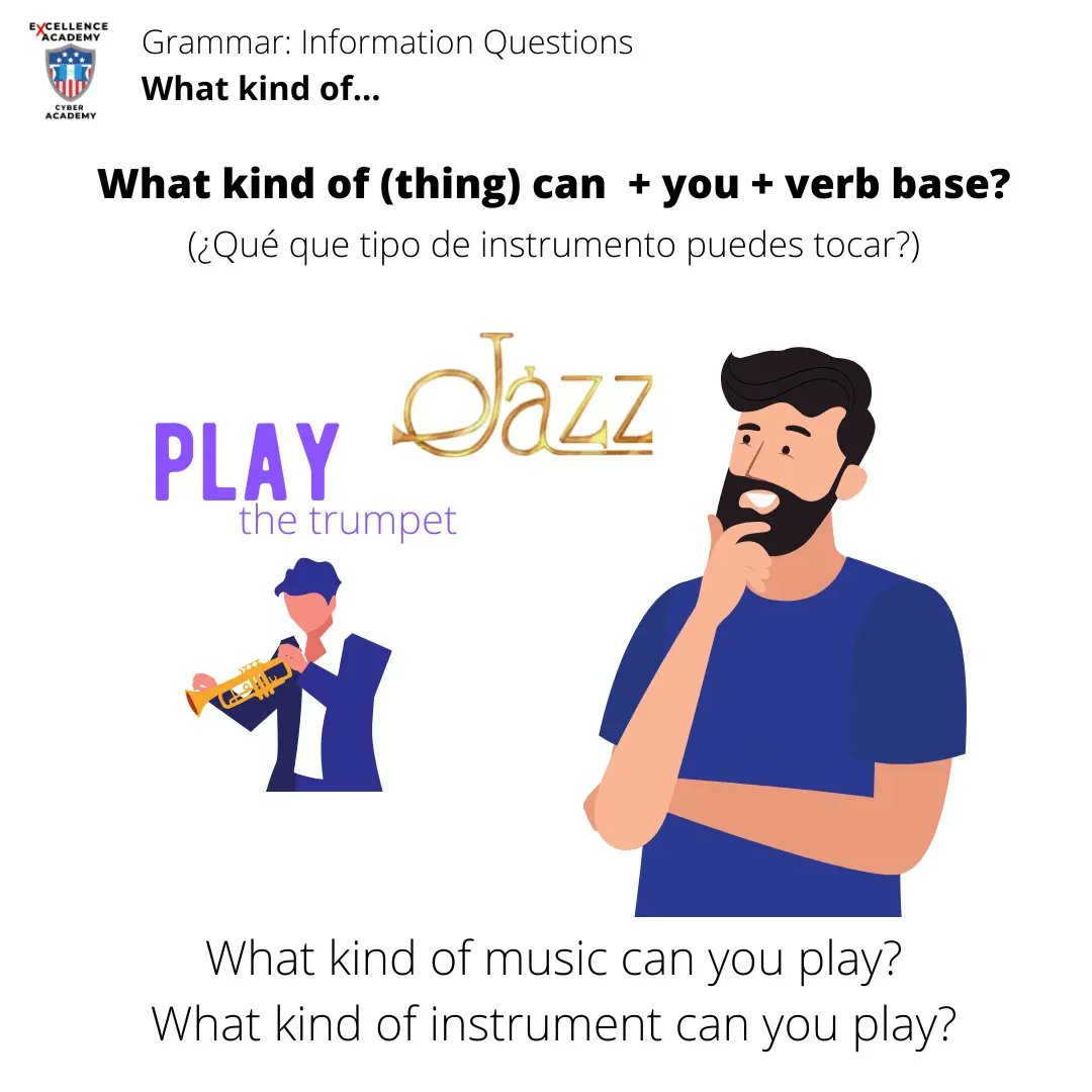ExcellenceEng's tweet photo. 🔵Grammar: What kind of + thing
(¿Qué clase/tipo + cosa)
What kind of + thing is a question word. It is used for information questions.
What kind of (thing) can + you + verb base?
#informationquestions
#whatkindof
#questionwords
#Grammartip
#education
#LearnGrammar https://t.co/bRukzIMbJR