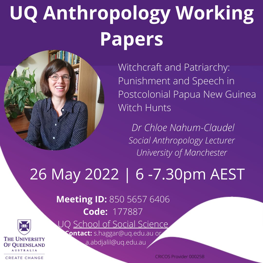 Sarah Haggar (@sarahhaggar) on Twitter photo All are welcome to join us this Thursday 26 May for Dr Chloe Nahum-Claudel's seminar on witchcraft and patriarchy! 6pm AEST | 9am BST. See Zoom details in image or message me or <a href="/AJaslam/">Aslan Alan</a> for access details! @HASSUQ <a href="/UQAS_/">UQ Anthropology Society</a> <a href="/aus_anth/">Australian Anthropological Society</a> <a href="/ANSA_web/">Australian Network of Student Anthropologists</a> <a href="/gman_h/">gerhard hoffstaedter - anthropolitics@bsky.social</a> All are welcome to join us this Thursday 26 May for Dr Chloe Nahum-Claudel's seminar on witchcraft and patriarchy! 6pm AEST | 9am BST. See Zoom details in image or message me or <a href="/AJaslam/">Aslan Alan</a> for access details! @HASSUQ <a href="/UQAS_/">UQ Anthropology Society</a> <a href="/aus_anth/">Australian Anthropological Society</a> <a href="/ANSA_web/">Australian Network of Student Anthropologists</a> <a href="/gman_h/">gerhard hoffstaedter - anthropolitics@bsky.social</a>