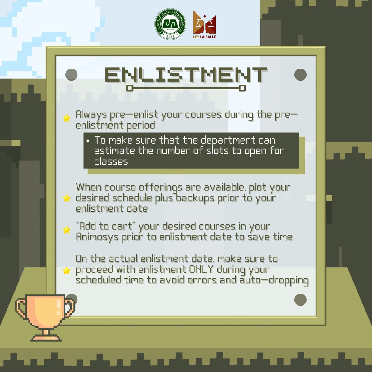 OfficialLEY's tweet photo. Want to get all the classes that you want?
Here are reminders and tips for your enlistment so you can have a smooth sailing LGL journey 💻

#HowtoSurviveLGL
#United34th
#ExperienceLEY https://t.co/ZJrbDObIsU