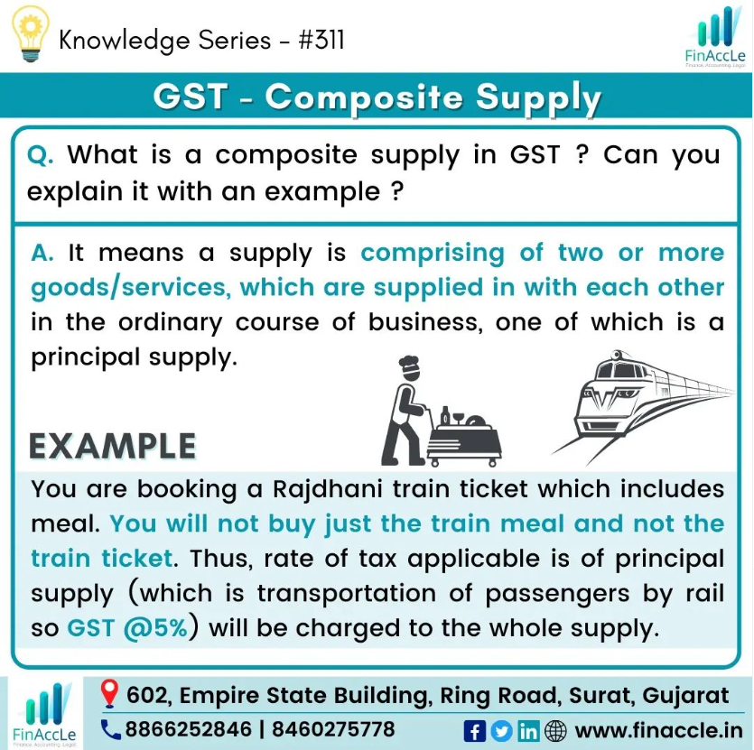 finaccle's tweet photo. Knowledge series - #311 - A composite supply is two or more goods or services sold in a pair or set and cannot be sold individually. Every composite supply will comprise a principal supply which is the main product or service intended to be bought by the customer.
#GST #finaccle https://t.co/RgeORBZqbk