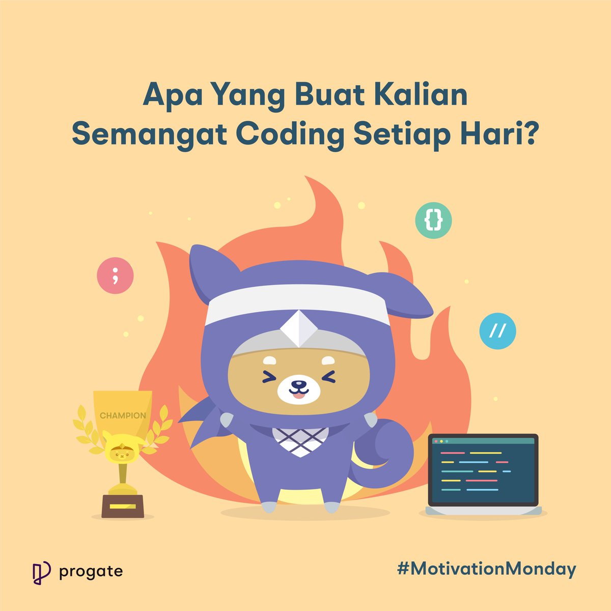 readysetcodeid's tweet photo. Hai Ninja! Semangat senin! 💪

MinKen pengen tahu nih, apa sih yang bikin Ninja selalu semangat untuk belajar coding? Cerita ke MinKen yuk!

#MotivationMonday #codingmotivation #belajarcoding #ambillangkahmu #bersamaprogate #youcancodewithus https://t.co/fCim9gic14