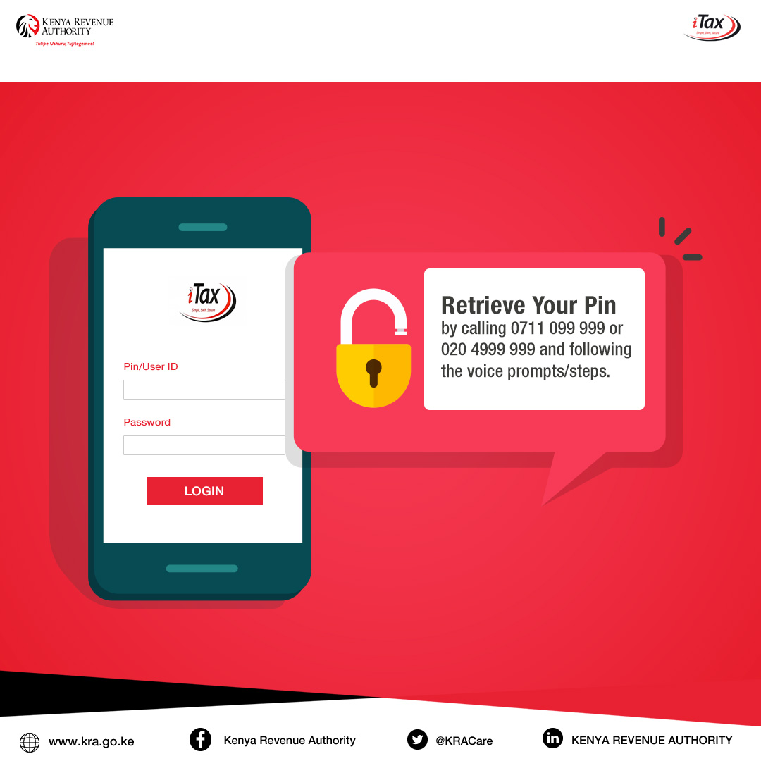 KRACare's tweet photo. Have you forgotten your PIN and you need to file? You can retrieve your PIN today by calling us on 0711 099 999 and following the self-service menu for assistance.
#KRAFilingSeason2022 #KRASelfService https://t.co/wLZCLq0d90