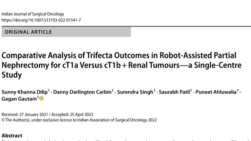 Gagan Gautam (@drgagangautam) on Twitter photo Our latest paper on Robotic Partial Nephrectomy for larger (more complex) kidney tumours. Congratulations to the team esp. 1st author <a href="/sunnyonco12/">Sunny Khanna</a> and 2nd author <a href="/DannyUrosurgeon/">Danny Darlington</a> for all the hard work !!
Full text at rdcu.be/cMy2S
<a href="/MaxInstCancCare/">Max Institute of Cancer Care</a> Our latest paper on Robotic Partial Nephrectomy for larger (more complex) kidney tumours. Congratulations to the team esp. 1st author <a href="/sunnyonco12/">Sunny Khanna</a> and 2nd author <a href="/DannyUrosurgeon/">Danny Darlington</a> for all the hard work !!
Full text at rdcu.be/cMy2S
<a href="/MaxInstCancCare/">Max Institute of Cancer Care</a>