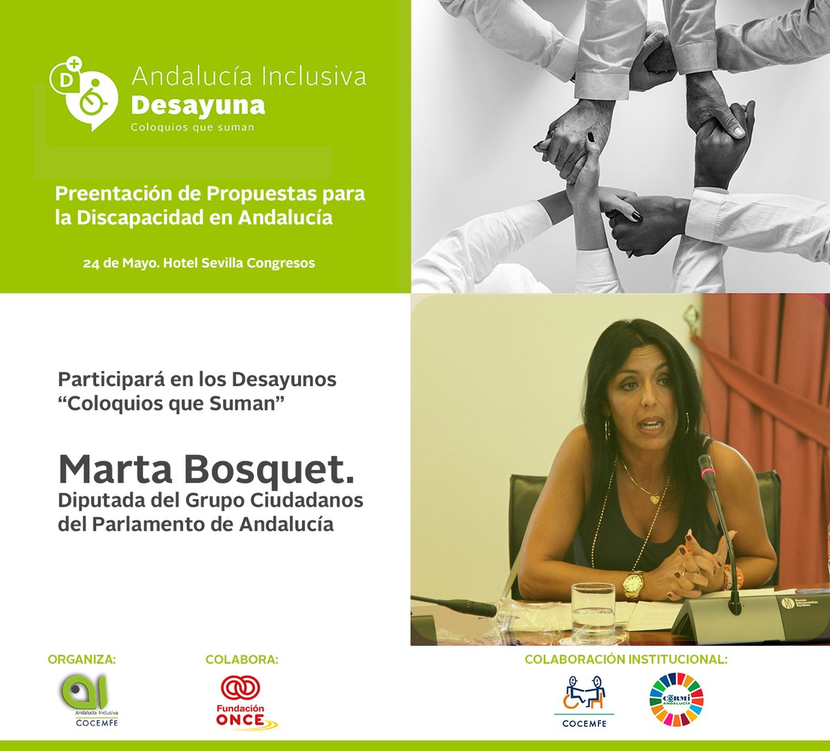 ✅ Mañana día 24 de mayo, Andalucía Inclusiva COCEMFE celebrará su "Desayuno Informativo".  ✅ Contaremos entre otr@s con Marta Bosquet, diputada del Grupo Ciudadanos del Parlamento de Andalucía, para hablar sobre propuestas para las personas con discapacidad.