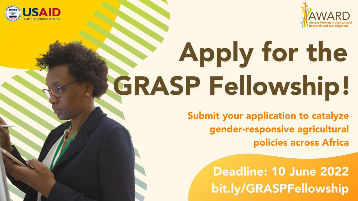 Three weeks left to submit your application for the #GRASPFellowship!

We're looking for African women working in public policy and #GenderInAg to apply for this initiative, funded by <a href="/USAID/">USAID</a>.

Don't miss your chance to apply: bit.ly/GRASPFellowship