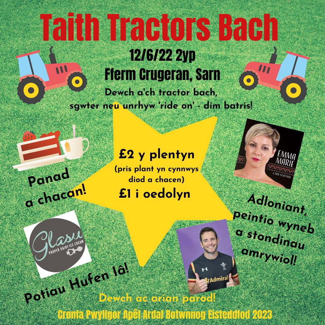 🌟12fed o Fehefin🌟 dyddiad i’w gofio os oes gennych blant yn ardal Pwllheli!!

📚
10yb tan 2yp - Gŵyl y Babell Lên Fach!

…wedyn…

🚜🛴
O 2yp ymlaen - Taith Tractors Bach!!

Hyn i gyd er mwyn gwneud #steddfod2023 yn Boduan yn un i’w chofio!!!

🌟