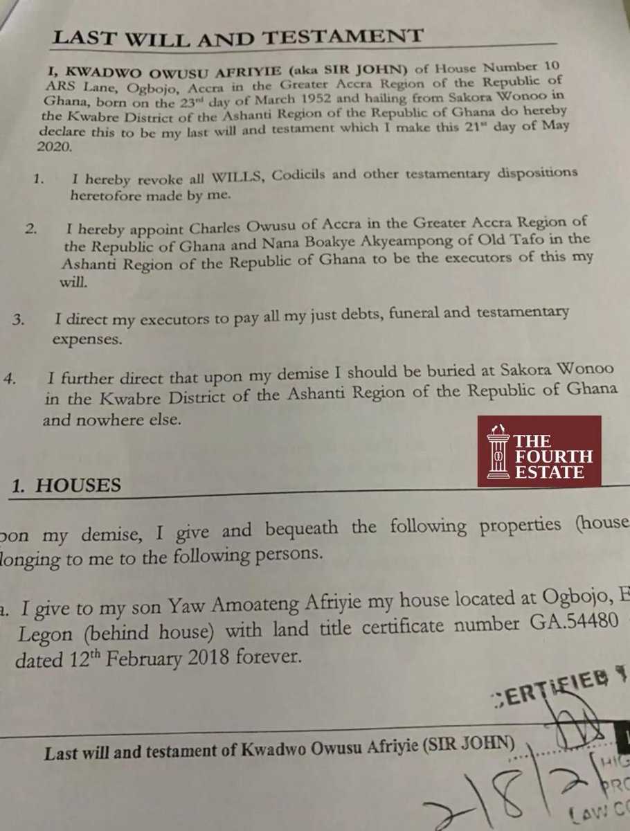 StatsGH's tweet image. This is the first page of the will. 

@Fourthestategh has all the twelve pages of the will on their website. What is in it will bring mist in your eyes.

Go there on @Fourthestategh and see for your eyes ‘fiiilifiiili’.