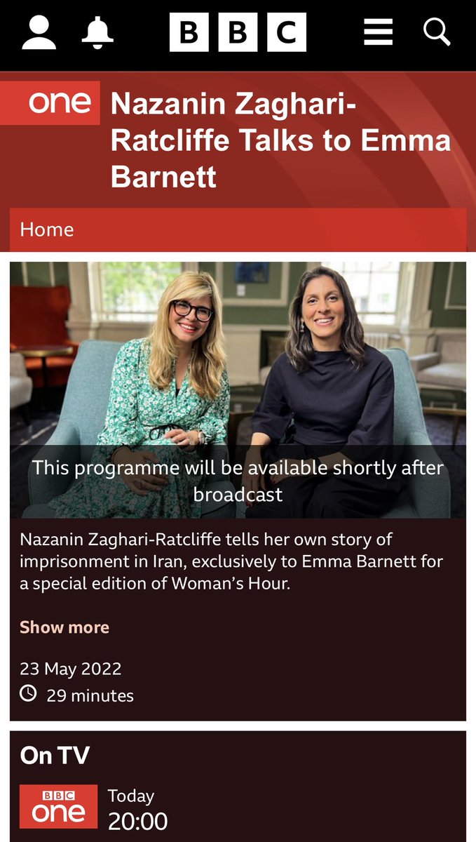 Exclusive tonight: <a href="/BBCOne/">BBC One</a> 8pm-Nazanin Zaghari-Ratcliffe tells her story for the first time - something she’s wanted to do for 6 long years. It’s a very special conversation. One I will never forget. It’s a <a href="/BBCWomansHour/">BBC Woman's Hour</a> special - with the full interview on <a href="/BBCRadio4/">BBC Radio 4</a> tmrw 10am