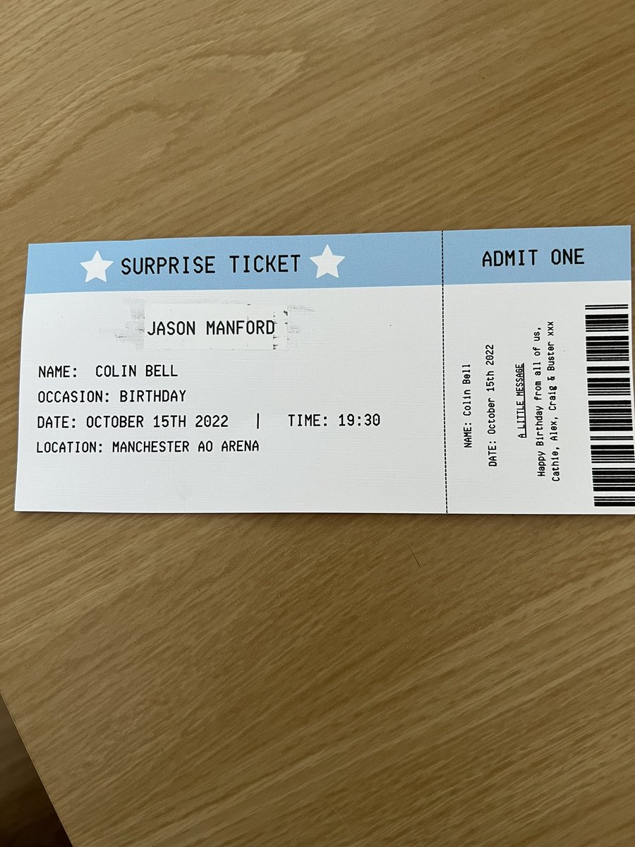 colbluebell's tweet photo. Great early birthday present yesterday with City winning the Premiership followed by surprise birthday present ticket this morning from family 😁#mcfc #JasonManford https://t.co/s6lMWA55Ee